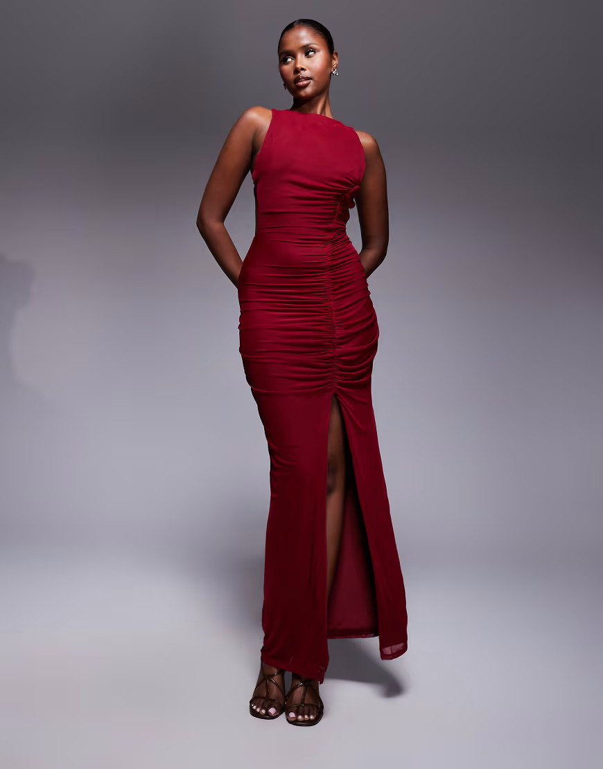 ASOS DESIGN strappy back ruched mesh maxi dress in dark cherry-Red | ASOS (Global)