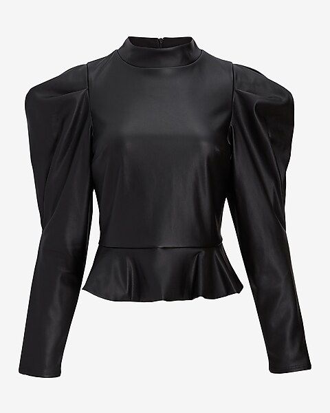 Faux Leather Mock Neck Puff Sleeve Peplum Top | Express