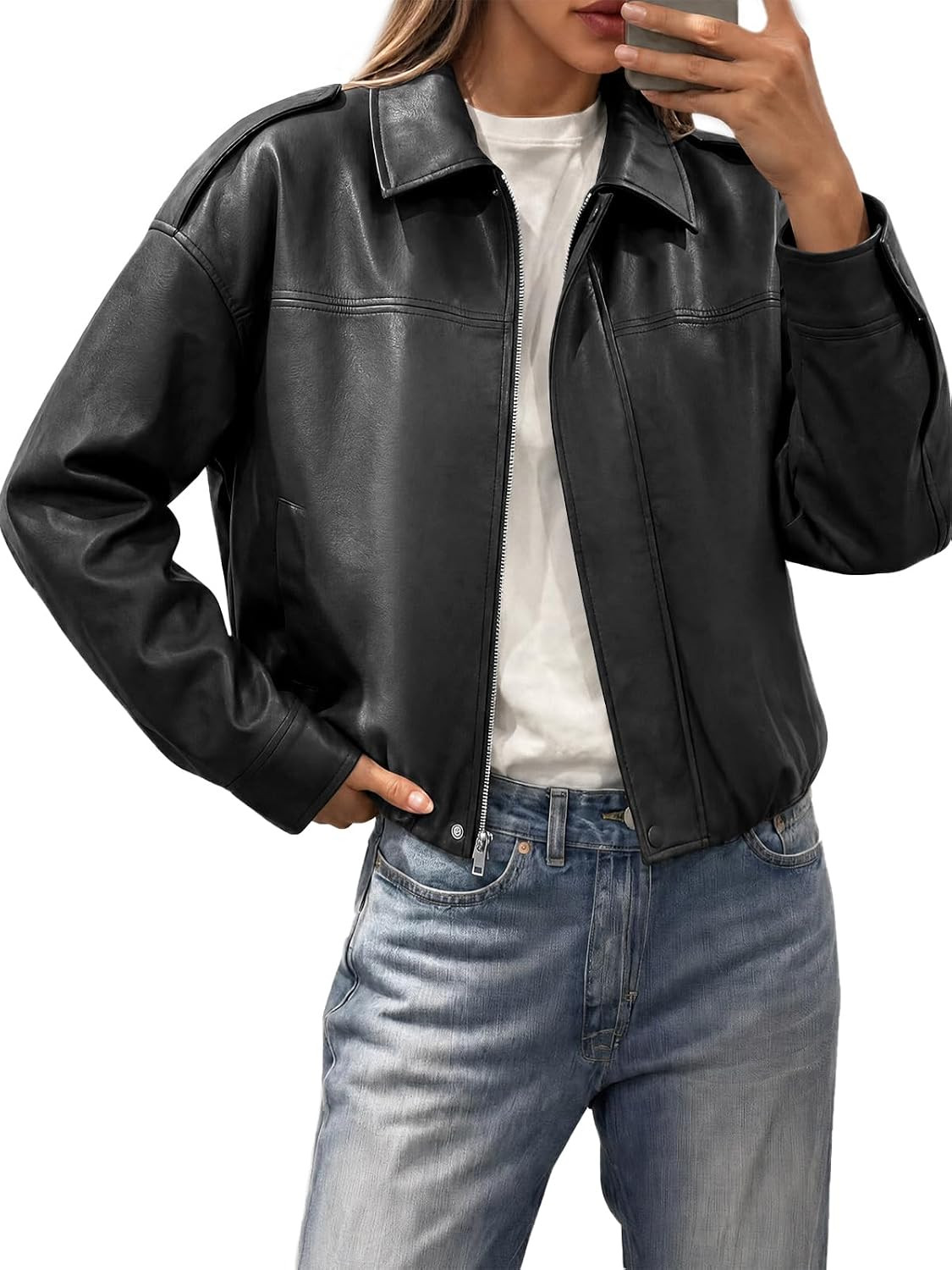 Tankaneo Womens Cropped Faux Leather Jacket Oversized Bomber Zip Up Coats | Amazon (US)