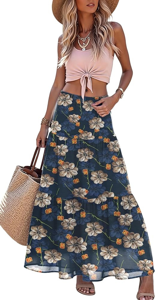 Women's Pleated Skirt Chiffon A-Line Elastic High Waist Flowy Double Layer Casual Maxi Skirts for... | Amazon (US)