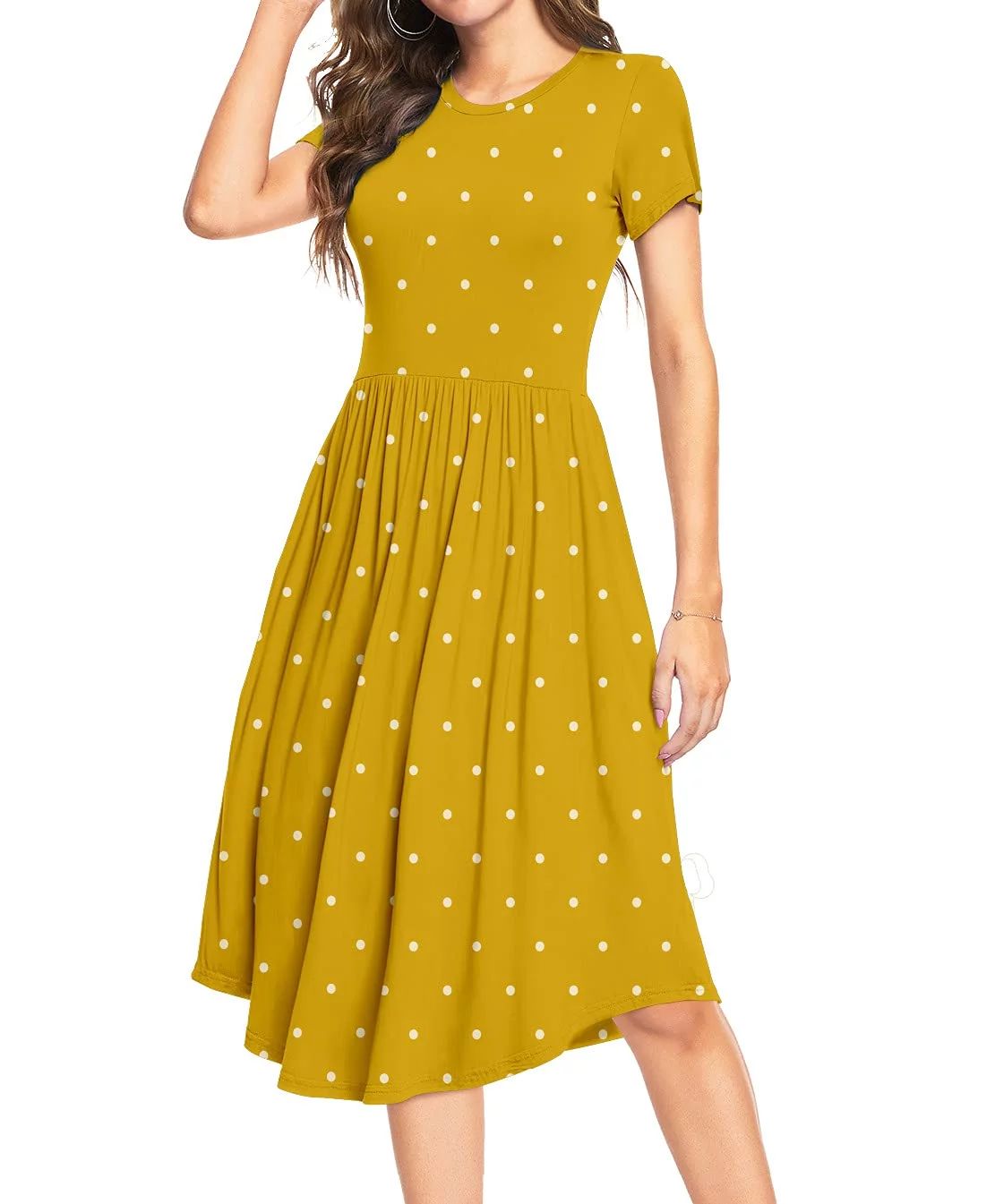 MLANM Women Short Sleeve Polka Dot Midi Casual Swing Pleated Empire Waist Dress with Pockets, L D... | Walmart (US)
