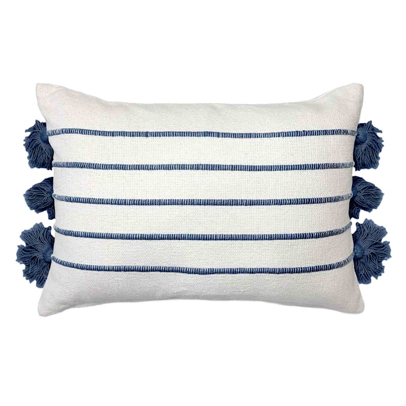 Navy Striped Woven Tassel Oblong Throw Pillow, 14x20 | At Home