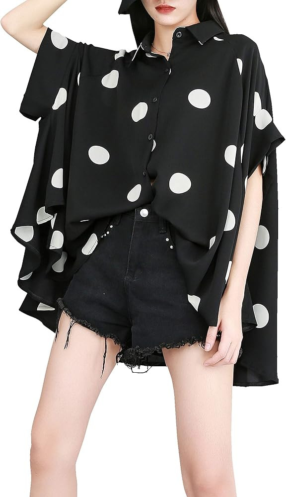 ellazhu Women's Summer Batwing Sleeve Oversized Button Down Blouse with Polka Dot Print Shirt Top... | Amazon (US)