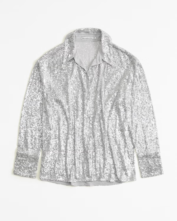 Long-Sleeve Sequin Button-Up Shirt | Abercrombie & Fitch (US)