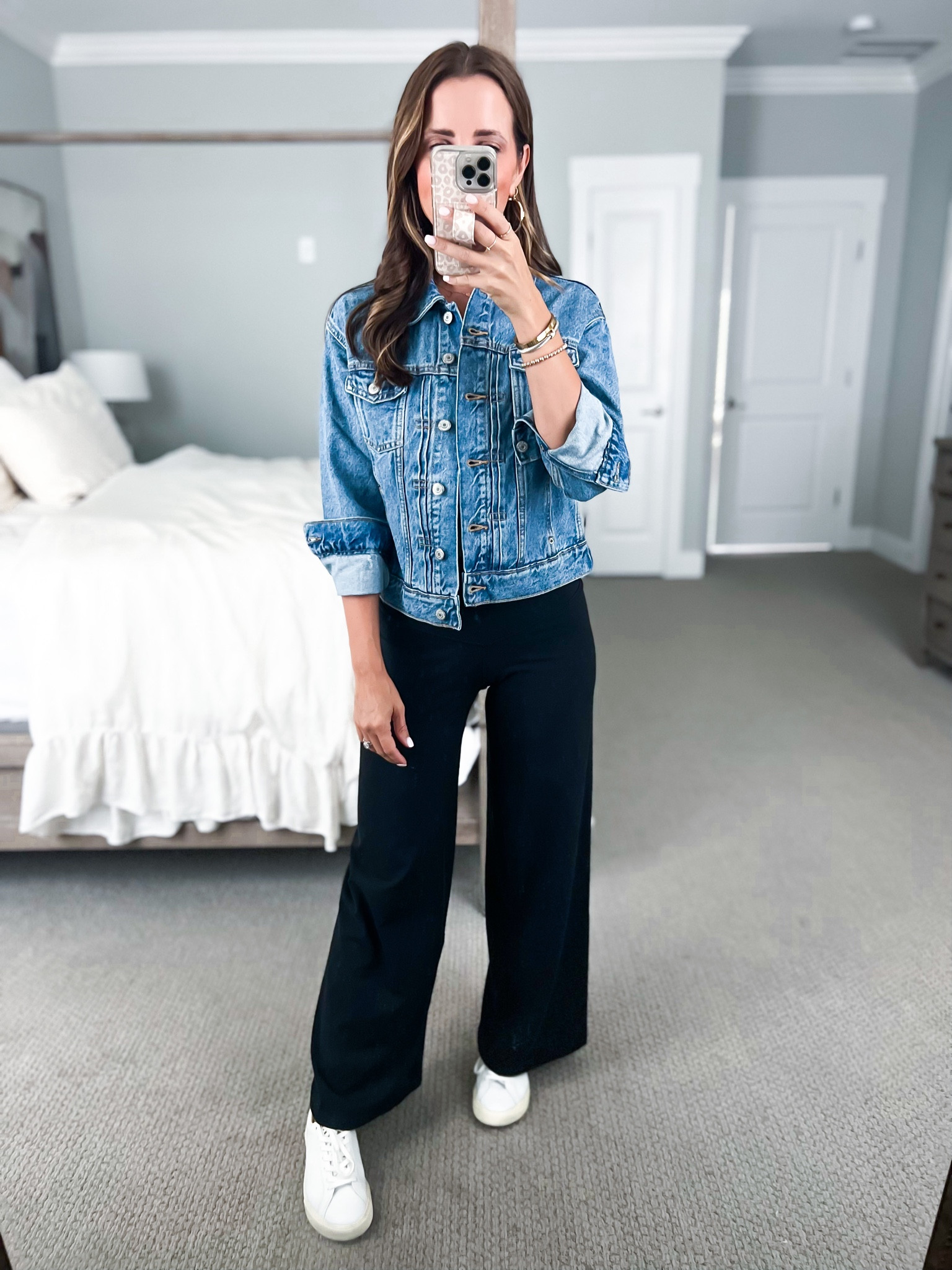 Old Navy wide leg yoga pants (XSP). Old Navy bodysuit (XS). Old Navy denim jacket (XSP). Favorite White sneakers (size down if you are a half size). Casual outfit. Casual style. Mom outfit. Mom style. Travel outfit. Airport outfit. Airport style. Fall outfit. Fall style. Veja Esplar sneakers. 

#LTKshoecrush #LTKunder50 #LTKtravel