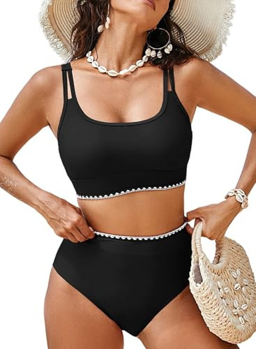 Aleumdr High Waisted Bikini Sets for Women 2 Piece High Cut Swimsuit Color Block Push Up Sporty Bathing Suit Black Large | Amazon (US)