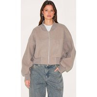 Taupe Ruched Sleeve Cropped Bomber Jacket | PrettyLittleThing UK