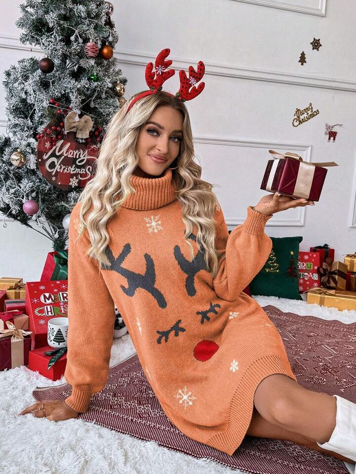 TrendsSHEIN LUNE Oversized Casual Midi Sweater Dress With Funky Elk Pattern Design, Stylish Loose... | SHEIN