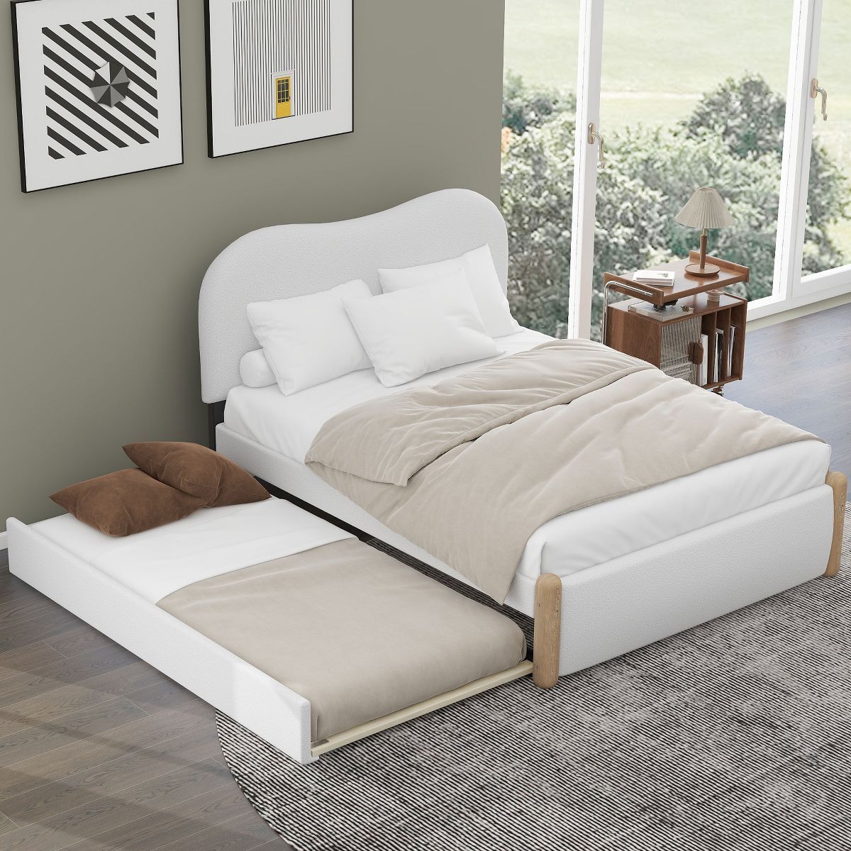Full Size Upholstered Platform Bed with Wood Supporting Feet and Twin Size Trundle Bed, White-Mod... | Target