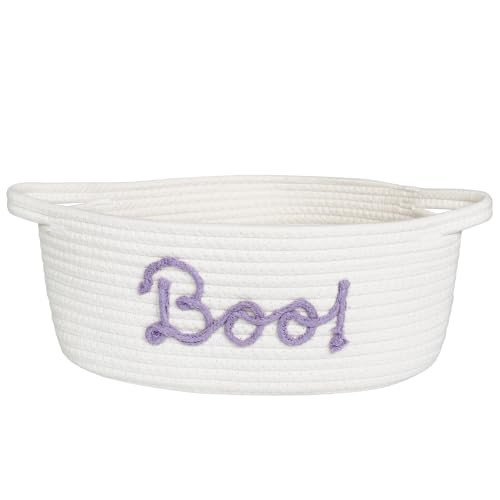 MEGASKET Boo Basket for Halloween, 13"x 9"x5" Small Woven Cotton Rope Basket with Handles, Purple Rope "Boo!" Design, Empty Gift Basket for Candy, Treats, Halloween Spooky Boo Bin for Baby Boys Girls | Amazon (US)