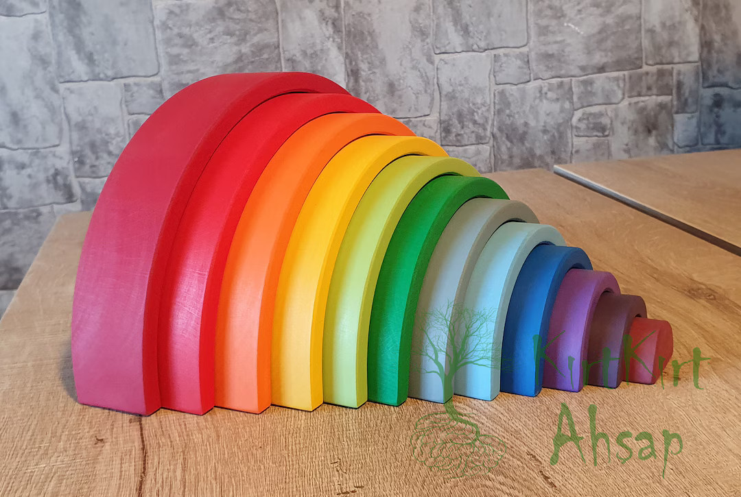 Wooden Waldorf Rainbow Stacker Toy Grimms Style 1 Age 12 Pcs. Montessori Stacking Open Ended Educ... | Etsy (US)