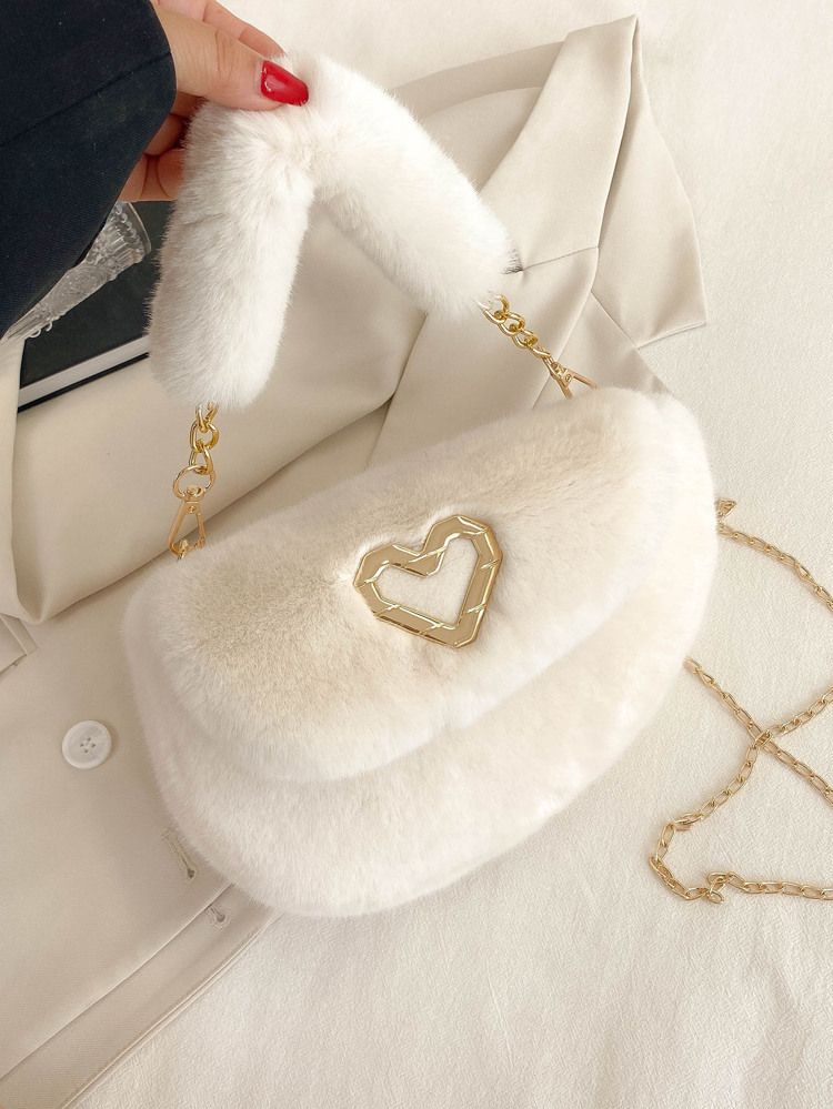 Heart Decor Flap Chain Fluffy Saddle Bag | SHEIN