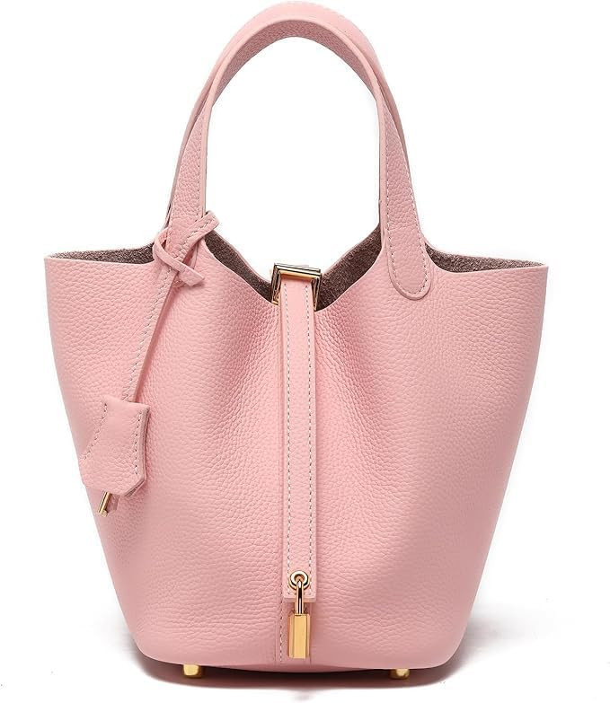 Genuine Leather Purses and Soft Bucket Bags, Stylish Lock Design Solid Color Tote Bag, Lychee Pat... | Amazon (US)