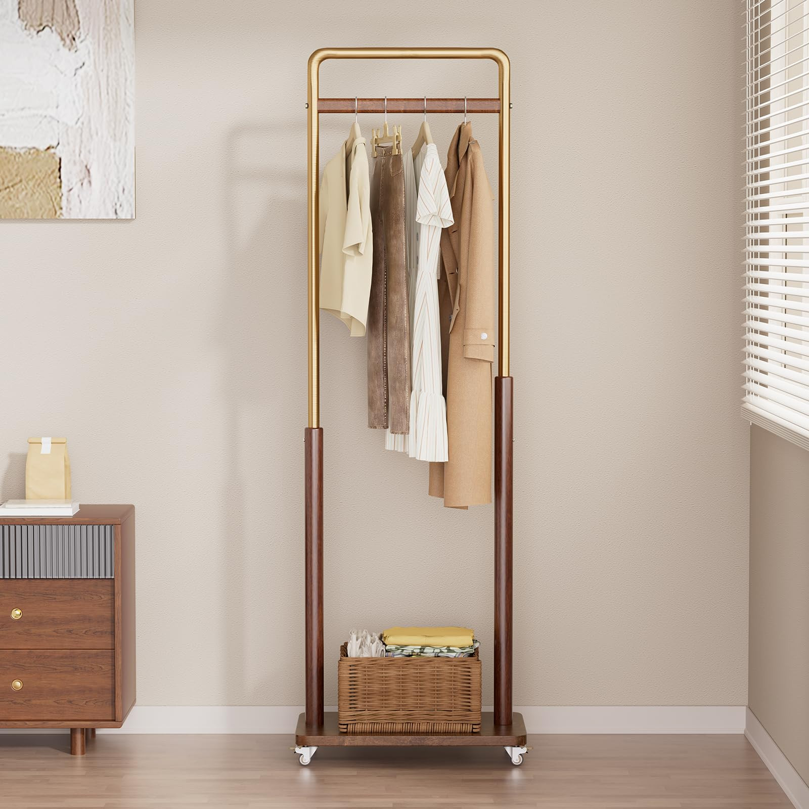 Clothes Rack Solid Wood Coat Rack, Metal and Solid Wood Combination Clothing Rack with Wheels for... | Amazon (US)