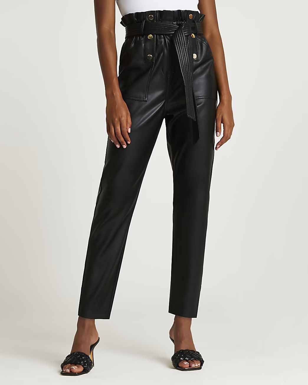 River Island Womens Black faux leather belted pants | River Island (US)
