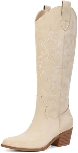 Erocalli White Cowgirl Boot Cowboy Boots for Women Embroidered Pull-On Chunky Stacked Heel Knee H... | Amazon (US)