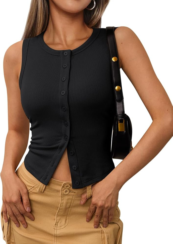 Trendy Queen Womens Ribbed Button Down Going Out Crop Tank Top | Amazon (US)