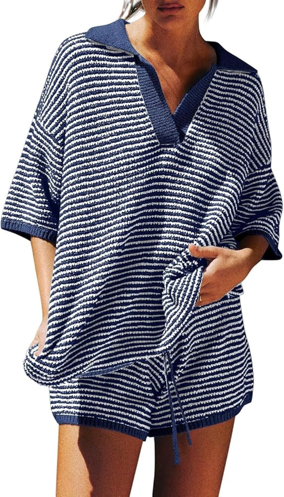 Tankaneo Womens Sweater Set 2 Piece Outfits Oversized 3/4 Sleeve V Neck Knit Tops High Waisted Sh... | Amazon (US)