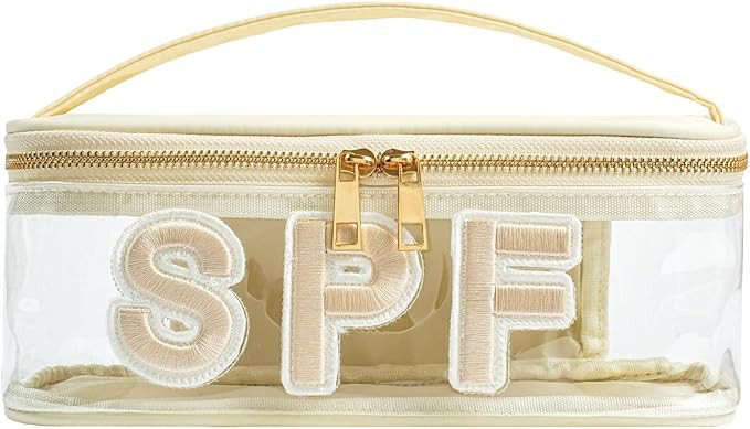 Clear Waterproof Summer SPF Makeup Bag，Aesthetic Transparent Letter Patch Cosmetic Bag with Met... | Amazon (US)