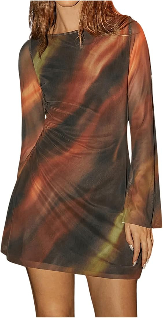 GORGLITTER Women's Sexy Tie Dye Tie Backless Mini Dress Crewneck Long Sleeve Mesh Dresses Brown L... | Amazon (US)