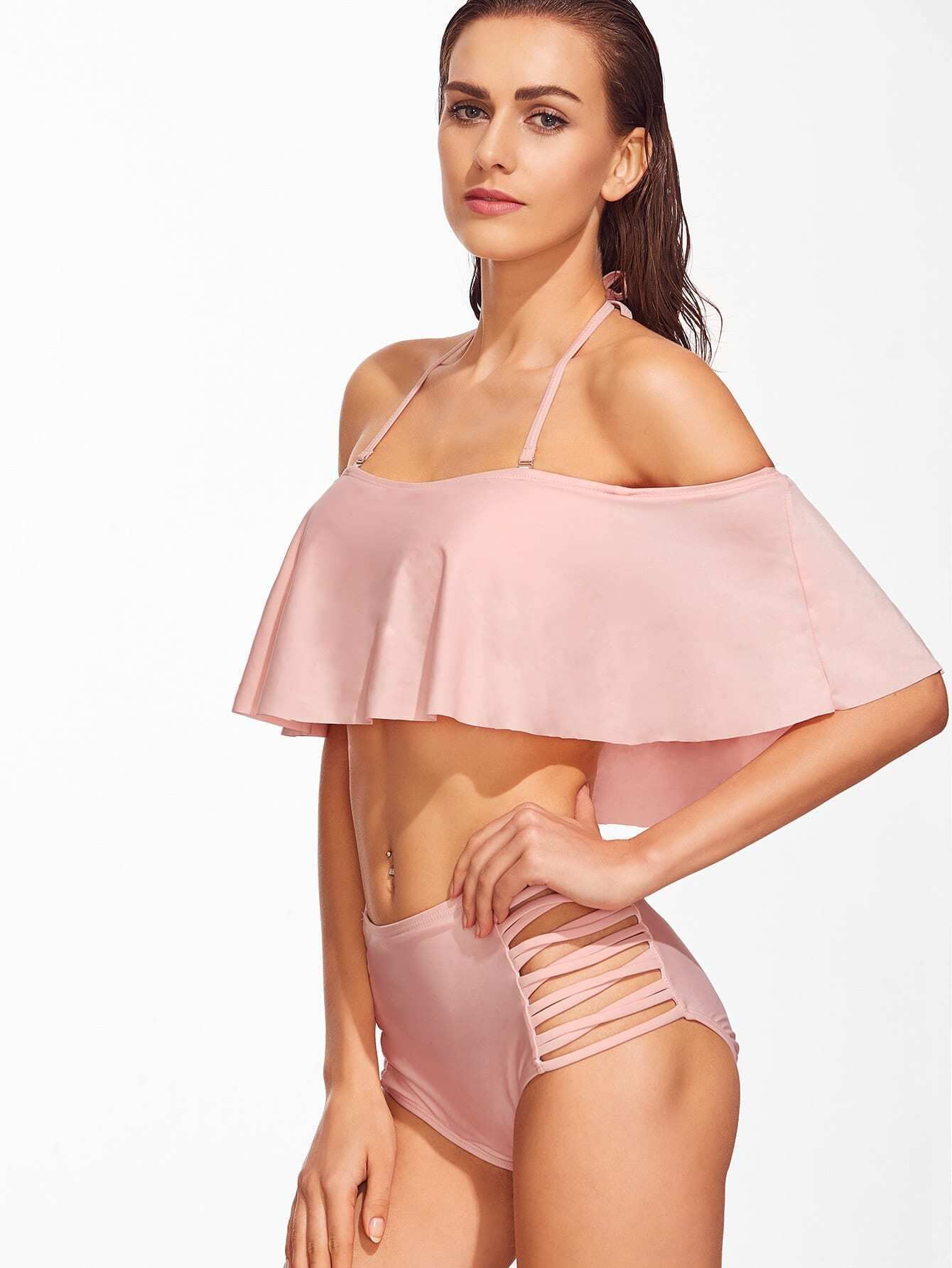 Pink Off The Shoulder Criss Cross High Waist Bikini Set | Romwe