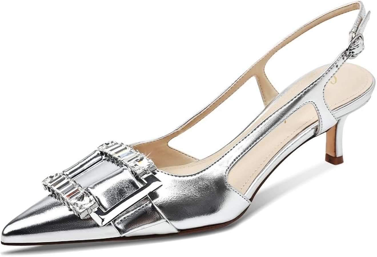Silver Kitten Heels for Women Closed Toe Slingback Heels Pointed Toe Low Heel Pumps for Women Wed... | Amazon (US)
