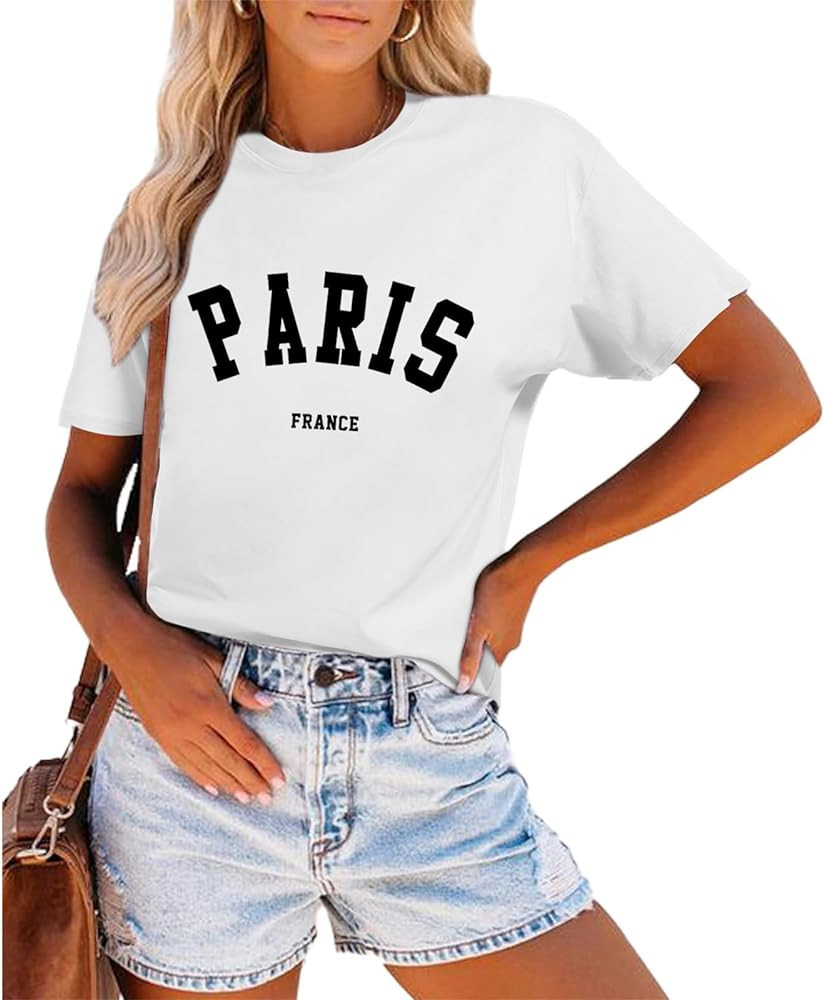 Fkatuzi Paris Shirts France Tshirts for Women Graphic Tee Vintage Letter Print T Shirts Paris The... | Amazon (US)
