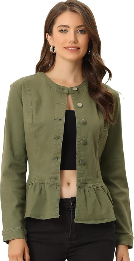 Allegra K Women's Peplum Button Down Cropped Ruffle Hem Denim Jackets Medium Army Green at Amazon... | Amazon (US)