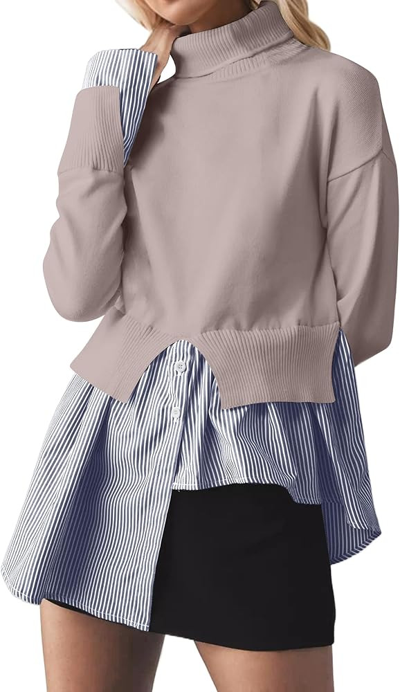 MISSACTIVER Women Slit Turtleneck Patchwork Sweater 2 in 1 Buttons Down Pullover Knit Sweater Asy... | Amazon (US)