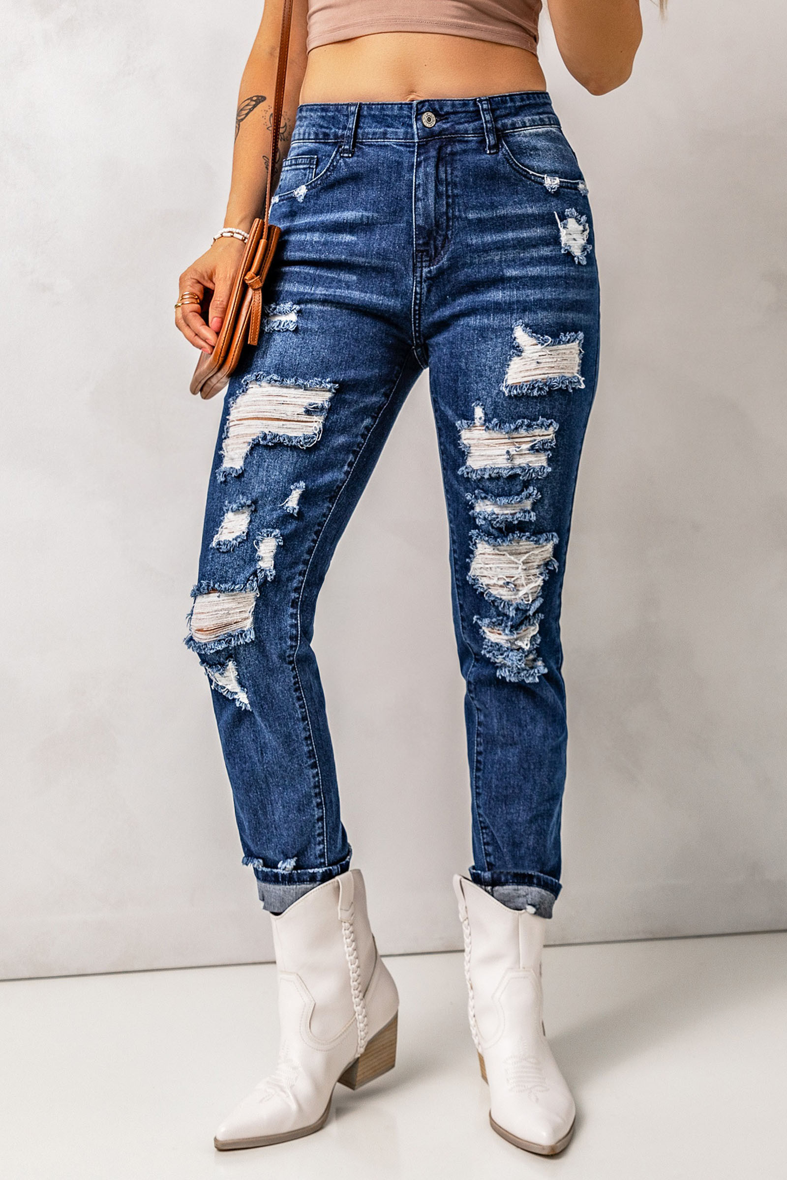 Dark Blue Distressed Ripped High Waisted Skinny Jeans | Shewin