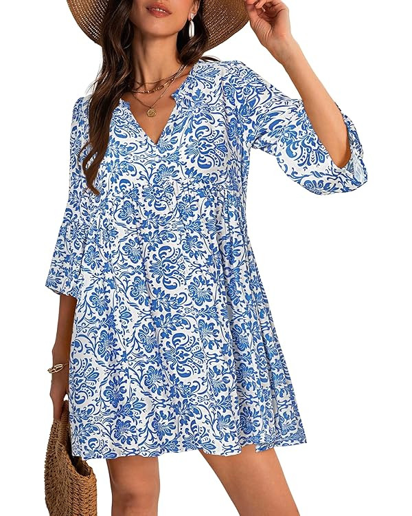 FENSACE Women Summer Boho Dress 2025 Casual V Neck Babydoll Ruffle Sleeve Floral Mini Tunic Sundr... | Amazon (US)
