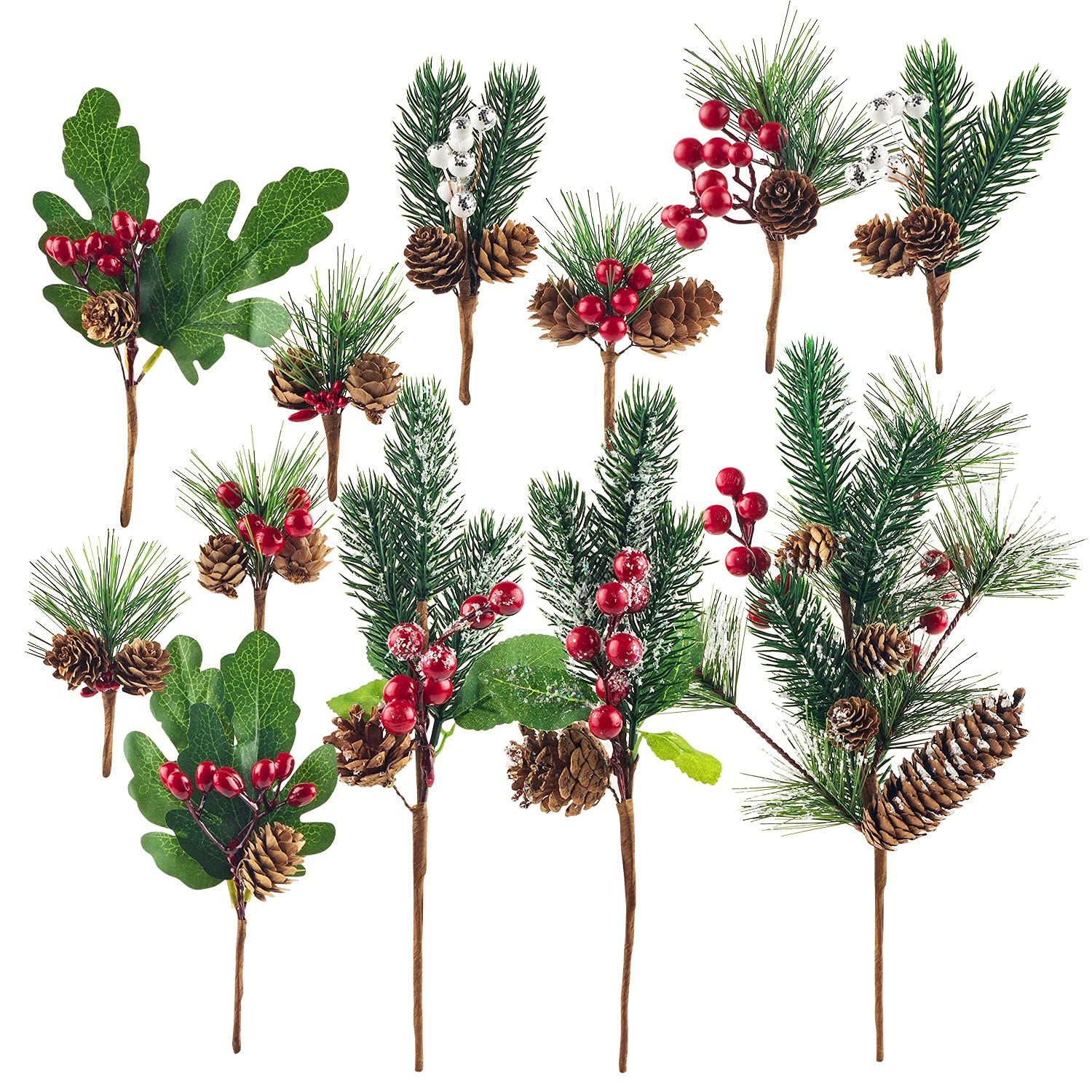 12Pack Artificial Christmas Picks Assorted Red Berry Picks Stems Faux Pine Picks Spray with Pinecone | Amazon (US)