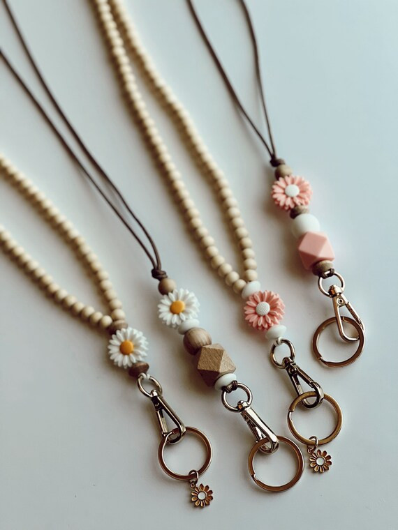 Daisy Teacher Lanyard Wood Lanyard Bead Lanyard Wood Beads - Etsy | Etsy (US)