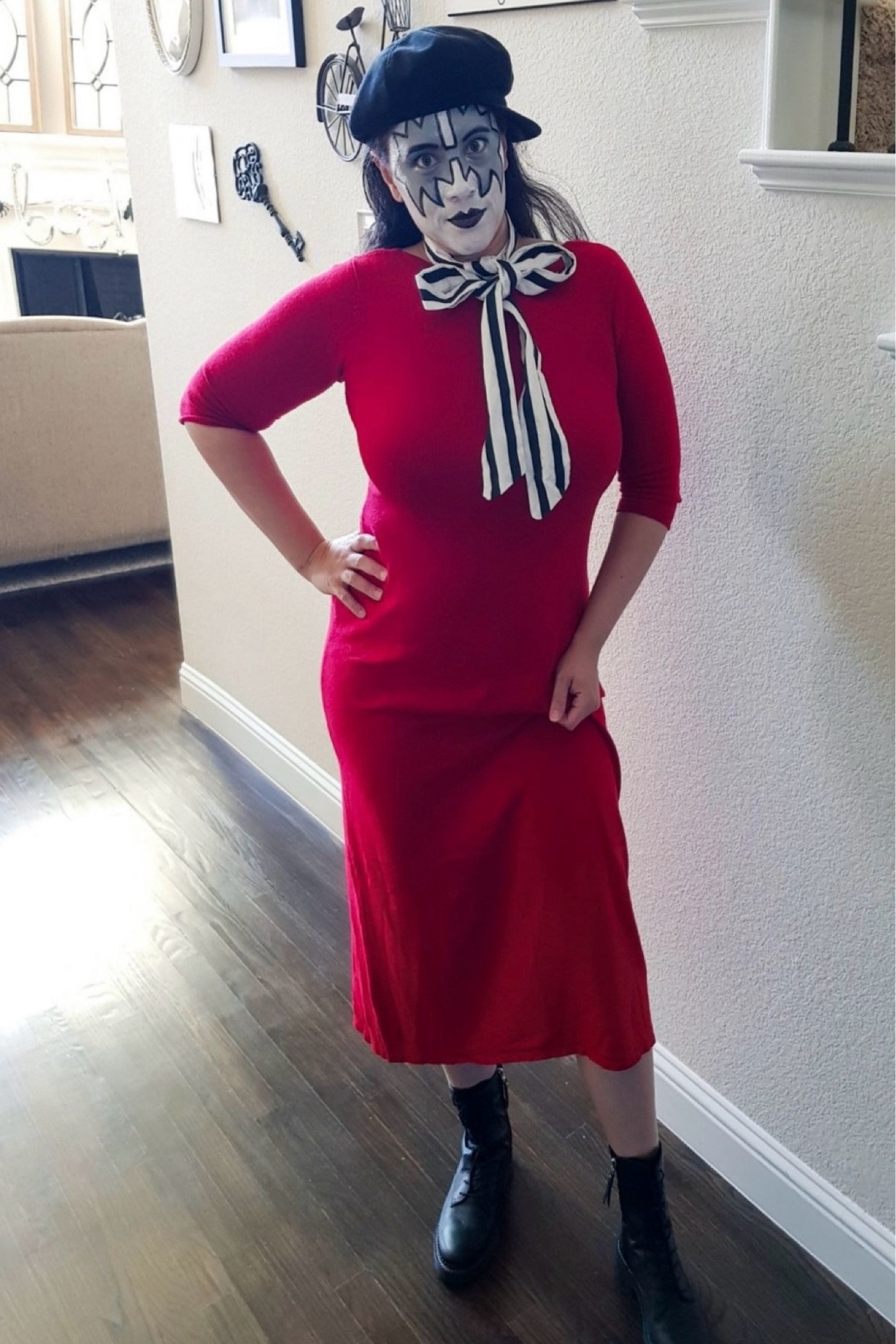 Clever Halloween costume idea: A French Kiss. Red sweater dress, makeup kit, stripe scarf, black beret, combat boots.

#LTKOver40 #LTKParties #LTKHalloween