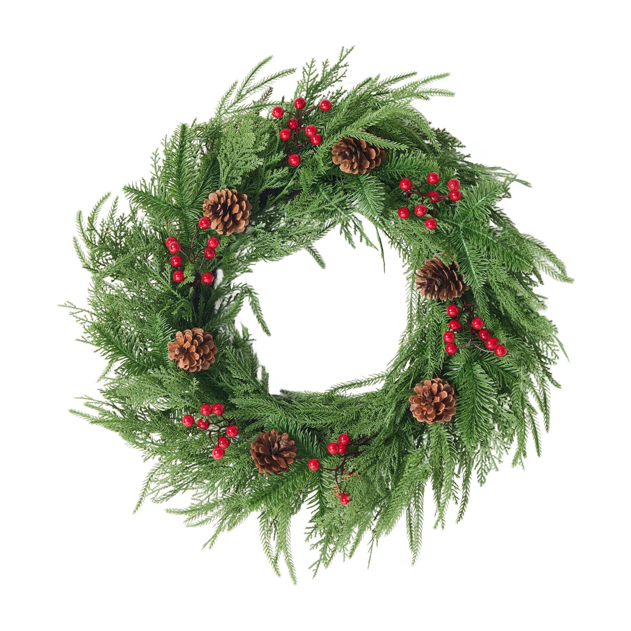 DR.Planzen 24" Pre-Lit Red Berry & Pinecone Christmas Wreath with 57 PE Branches, Realistic Norfolk Pine Garland Ring for Front Door & Indoor Wall Decor | Walmart (US)