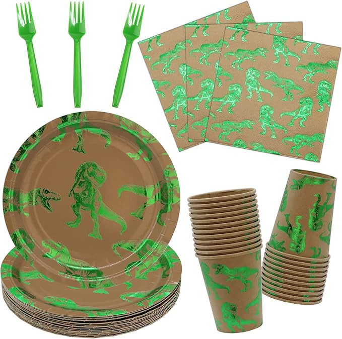 DYLIVeS 96 Pcs Rawr Dinosaur Birthday Party Supplies,Green Foil Dino Disposable Tableware Set Din... | Amazon (US)