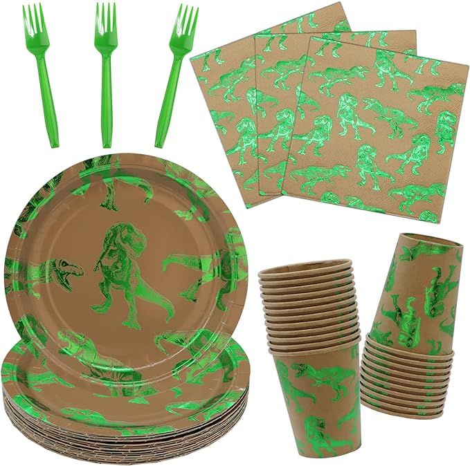DYLIVeS 96 Pcs Rawr Dinosaur Birthday Party Supplies,Green Foil Dino Disposable Tableware Set Din... | Amazon (US)