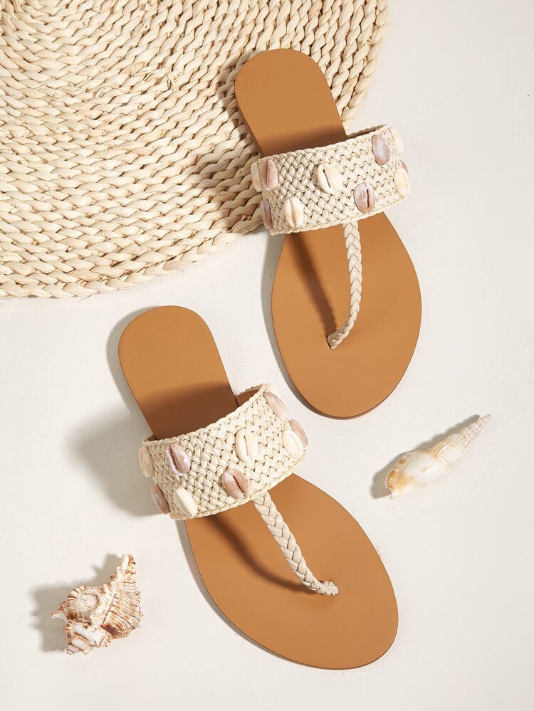 Shell Decor Braided Design Thong Sandals | SHEIN