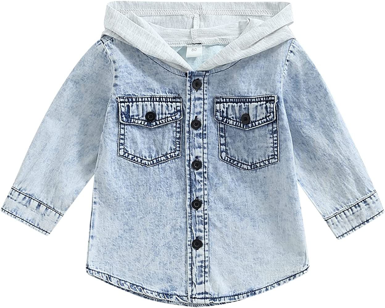 Toddler Baby Boy Girl Jean Jackets Fall Denim Coat Unisex Kid Hooded Clothes Button Down Long Sleeve | Amazon (US)