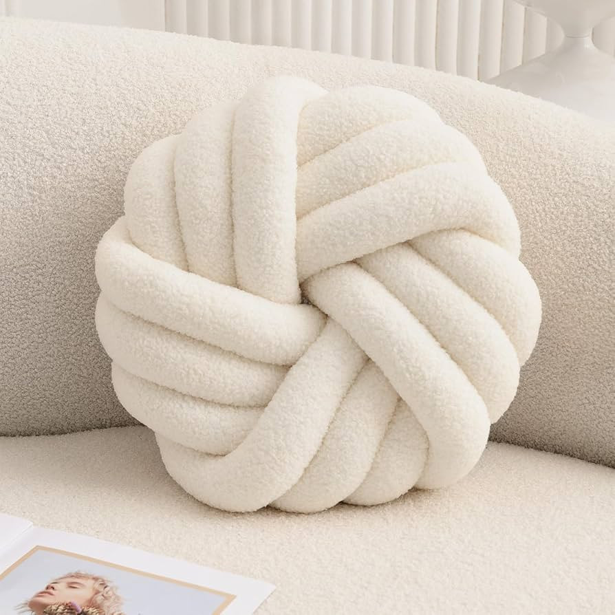Cream White Knot Pillow 13.7'' Round Throw Pillow Soft Plush Knot Ball Pillow Handmade Knotted Pi... | Amazon (US)