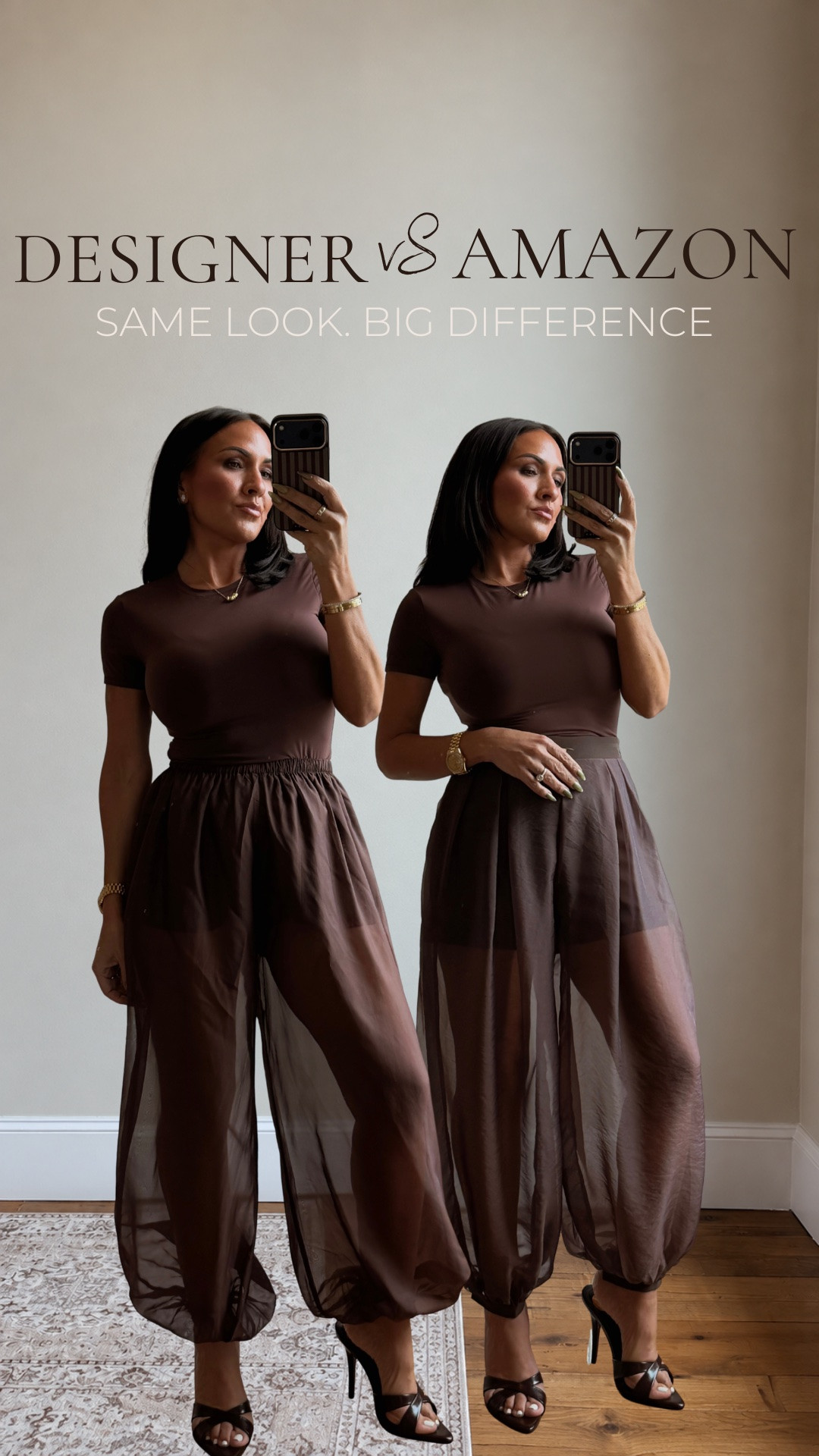 I really thought the $229 pair would win this one… but Amazon did it better. 😳

The look is SO similar, but the under $50 pair has built-in shorts, pockets + a side zipper. The $229 pair is completely sheer with no lining, no pockets, and you have to figure out your own coverage underneath.

So yes, for once the cheaper option isn’t just the better price… it’s actually the better pant.