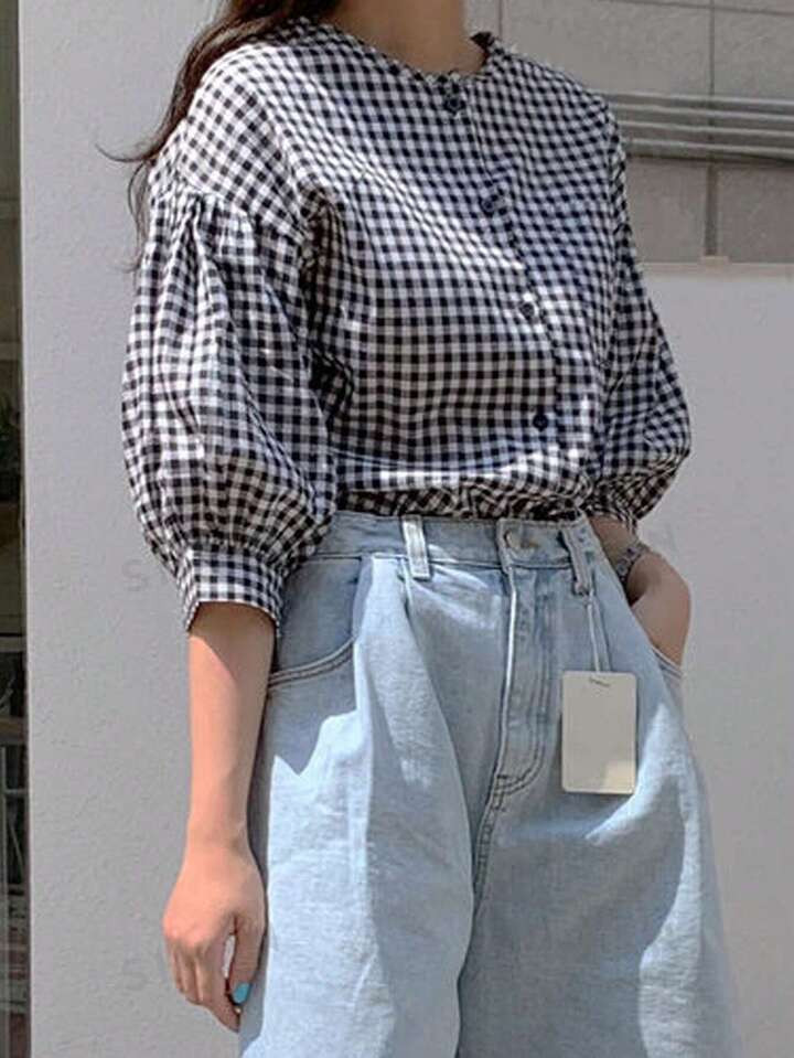 DAZY Women's Loose Checkered Round Neck Blouse With Lantern Sleeves | SHEIN