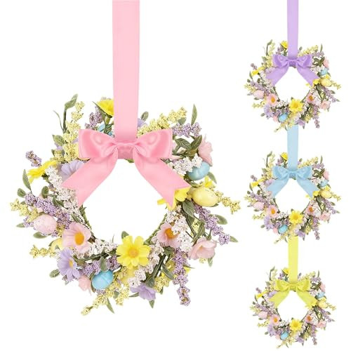Aneco 4 Pieces 9.8 Inch Small Easter Wreaths with Pastel Eggs Spring Artificial Easter Egg Wreath with Ribbon Bow Spring Front Door Decoration for Indoor Outdoor Springtime Holiday Party, Home Window | Amazon (US)