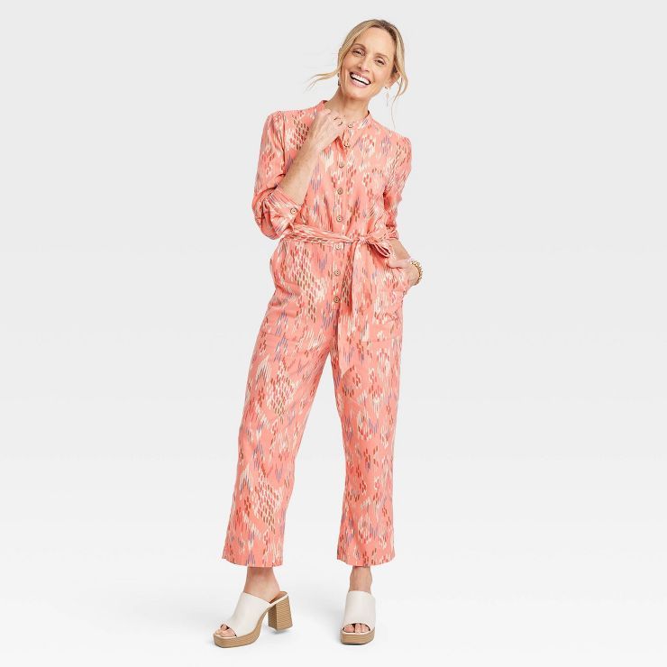 Women's Long Sleeve Traveling Jumpsuit - Knox Rose™ Coral Pink Ikat | Target