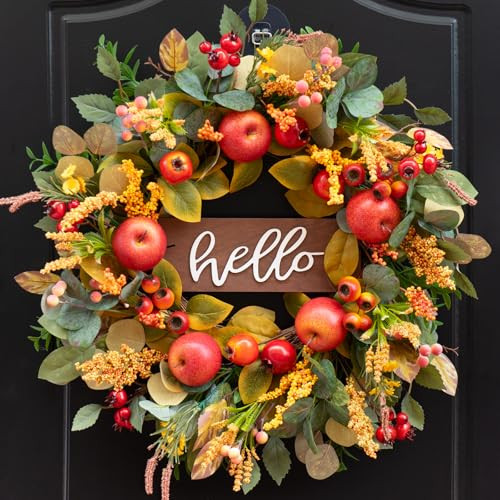 Fall Wreaths for Front Door Outside 24 Inch Autumn Wreath with Apples, Red Berries, Yellow Flowers, Eucalyptus Leaves and “Hello” Wooden Sign – Fall Door Wreath, Outdoor Wreaths for Front Door Decor | Amazon (US)
