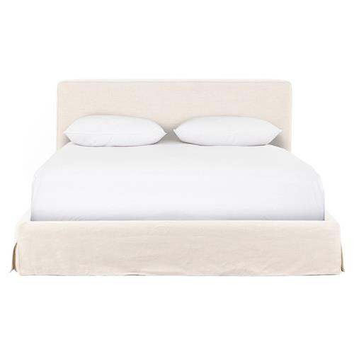 Linus Rustic Lodge Beige Linen Upholstered Slipcovered Bed - Queen | Kathy Kuo Home