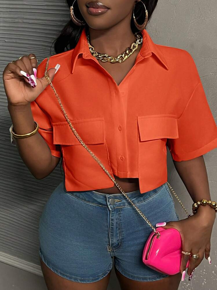 Collar Cropped Top With Pockets | SHEIN