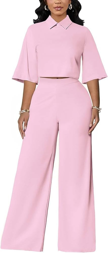 acelyn 2 Piece Pant Sets for Women Dressy 3/4 Sleeve Lapel Neck Top Wide Leg Pantsuits Business C... | Amazon (US)