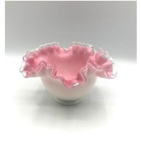 Fenton Silver Crest Milk Glass & Pink Ruffled Rim Bowl. 6.75"" Wide X 3.75"" Tall | Etsy (US)