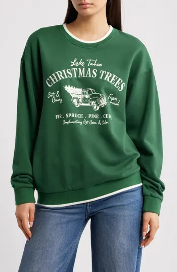 GOLDEN HOUR Holiday Tree Farm Graphic Sweatshirt in Washed Forest/Marshmallow at Nordstrom Rack, Size Medium | Nordstrom Rack